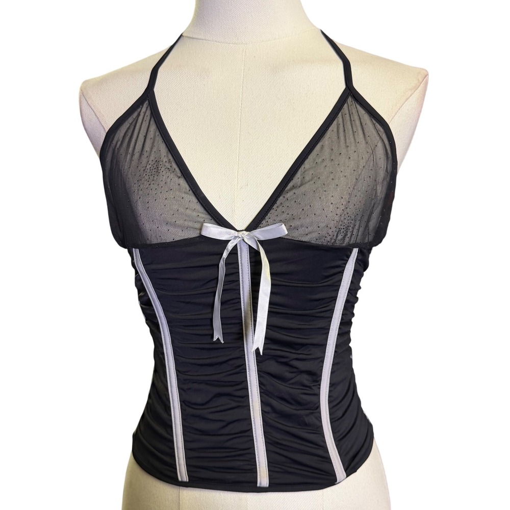 Obsessive Halter Corset Top Womens S/M Black Mesh Lace Up Y2K Goth Good Ruched